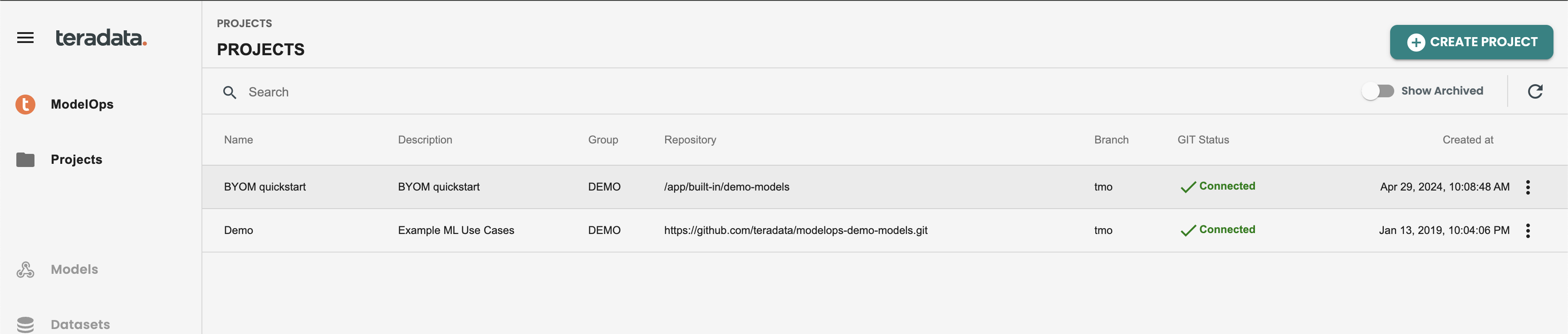 ModelOps projects with quickstart screenshot